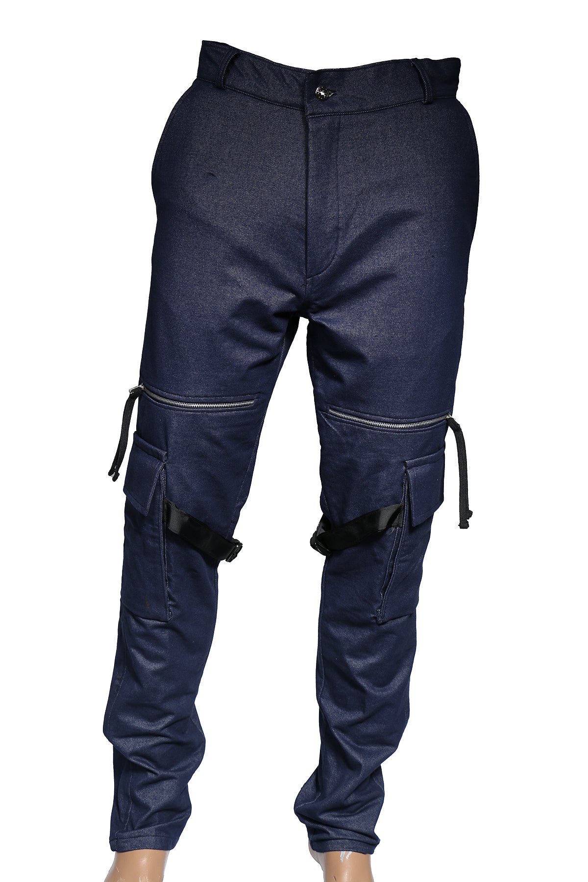 Modern blue denim jeans with straps