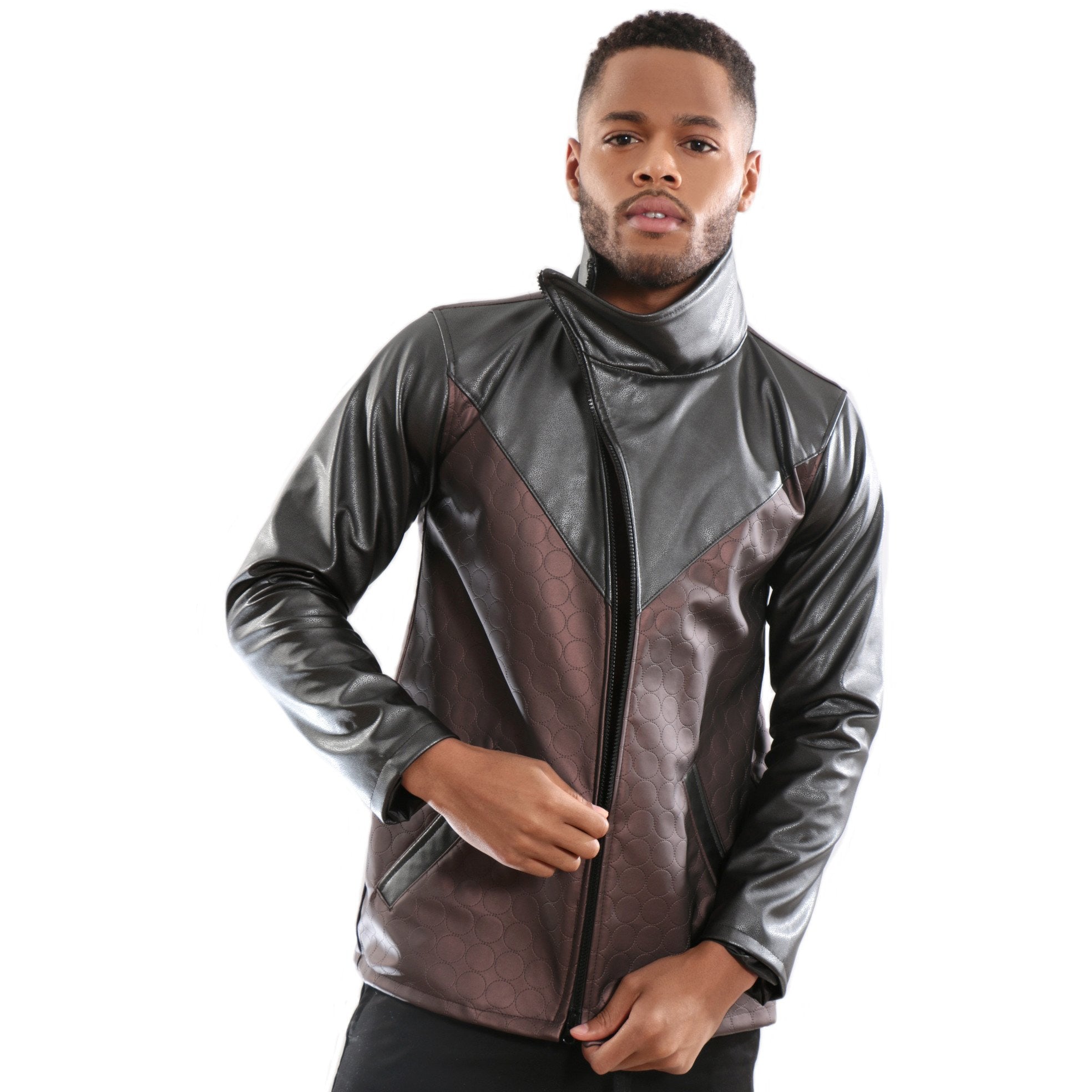 Brown Synthetic leather Jacket with texture