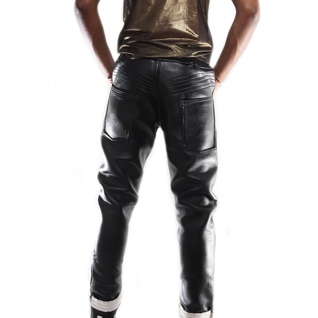 Custom Black leather trouser with waist band