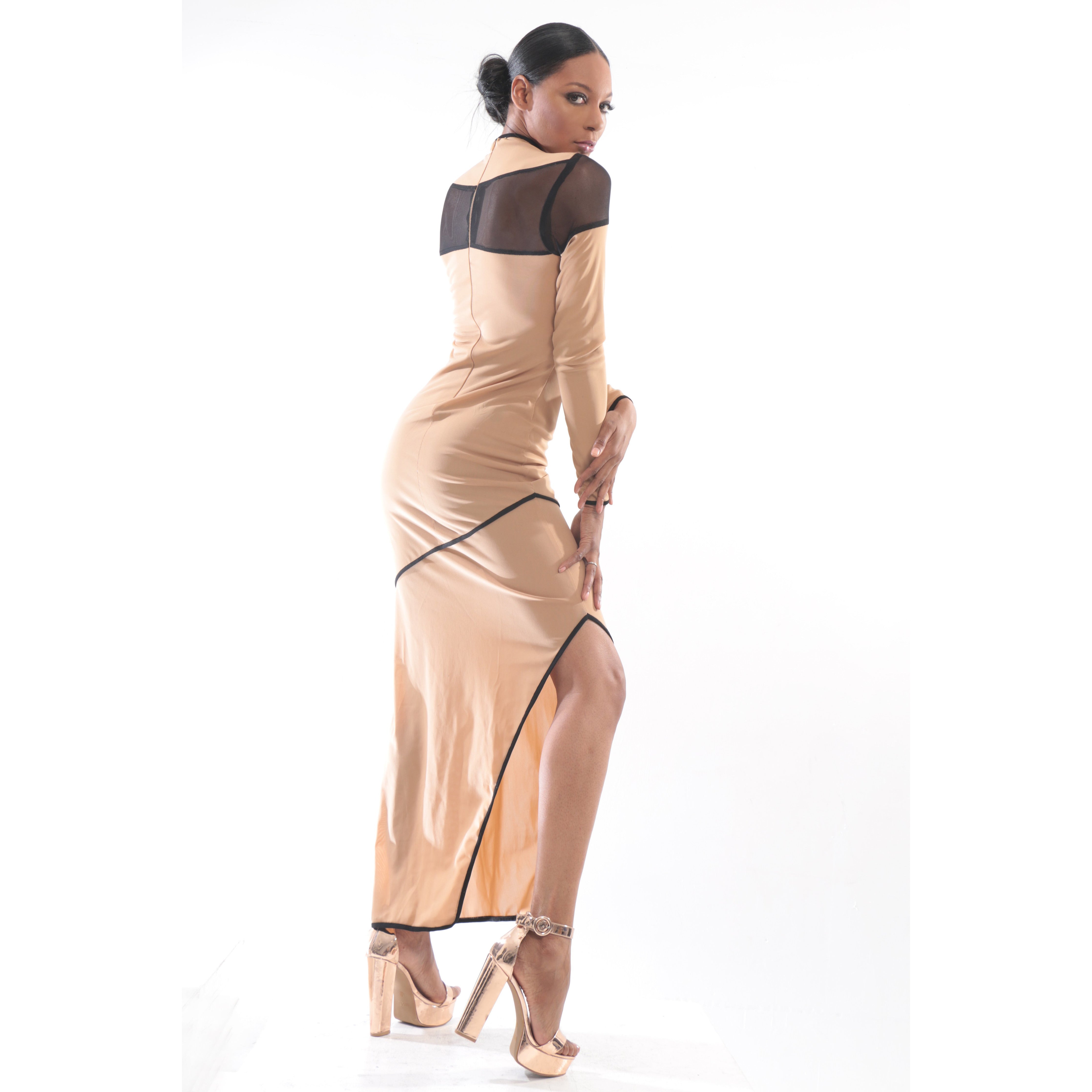 Tan gown with black mesh
