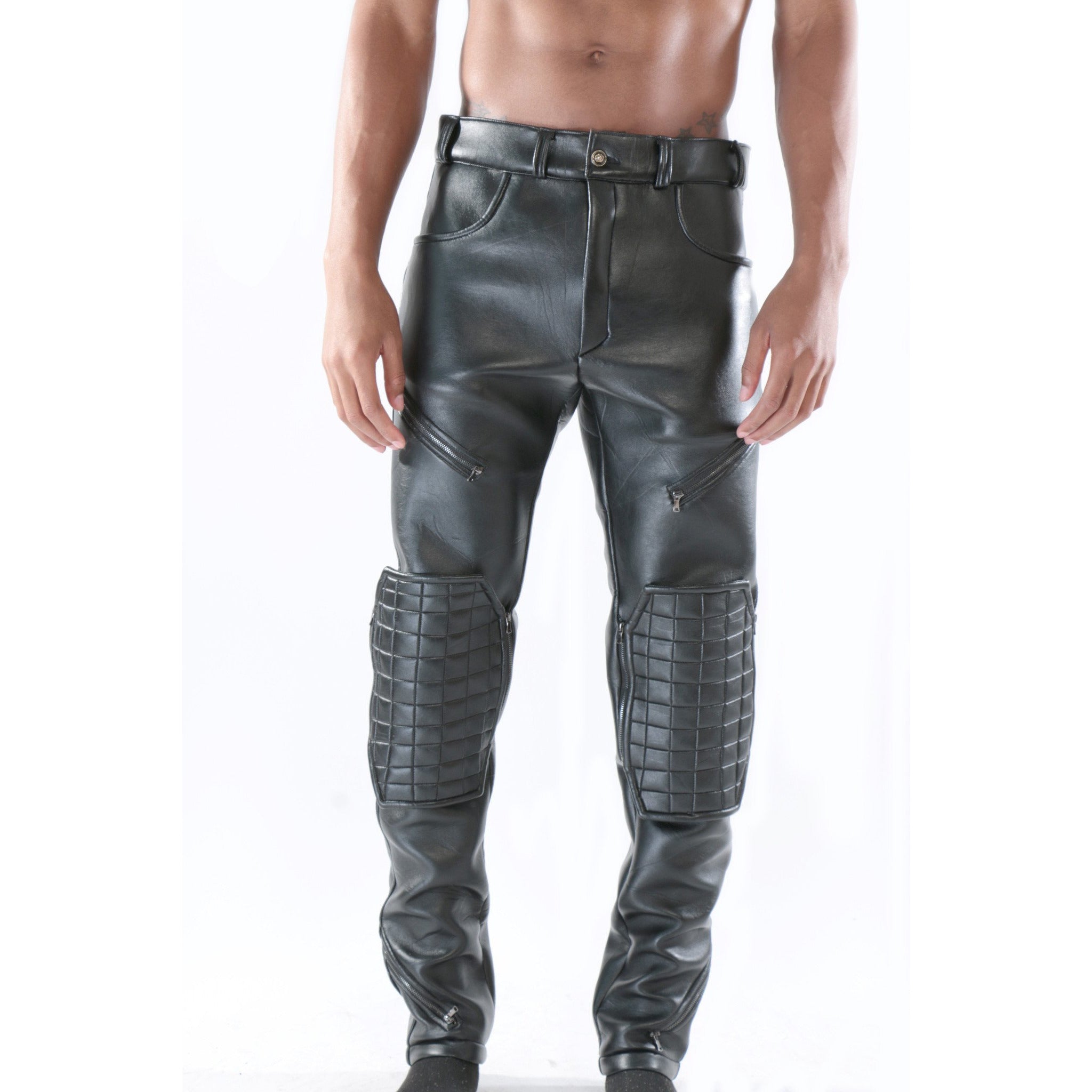 Custom Black leather trouser with removable knee pads