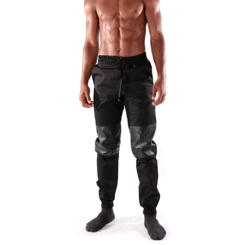 Black high waist fashion trouser with mixed leather