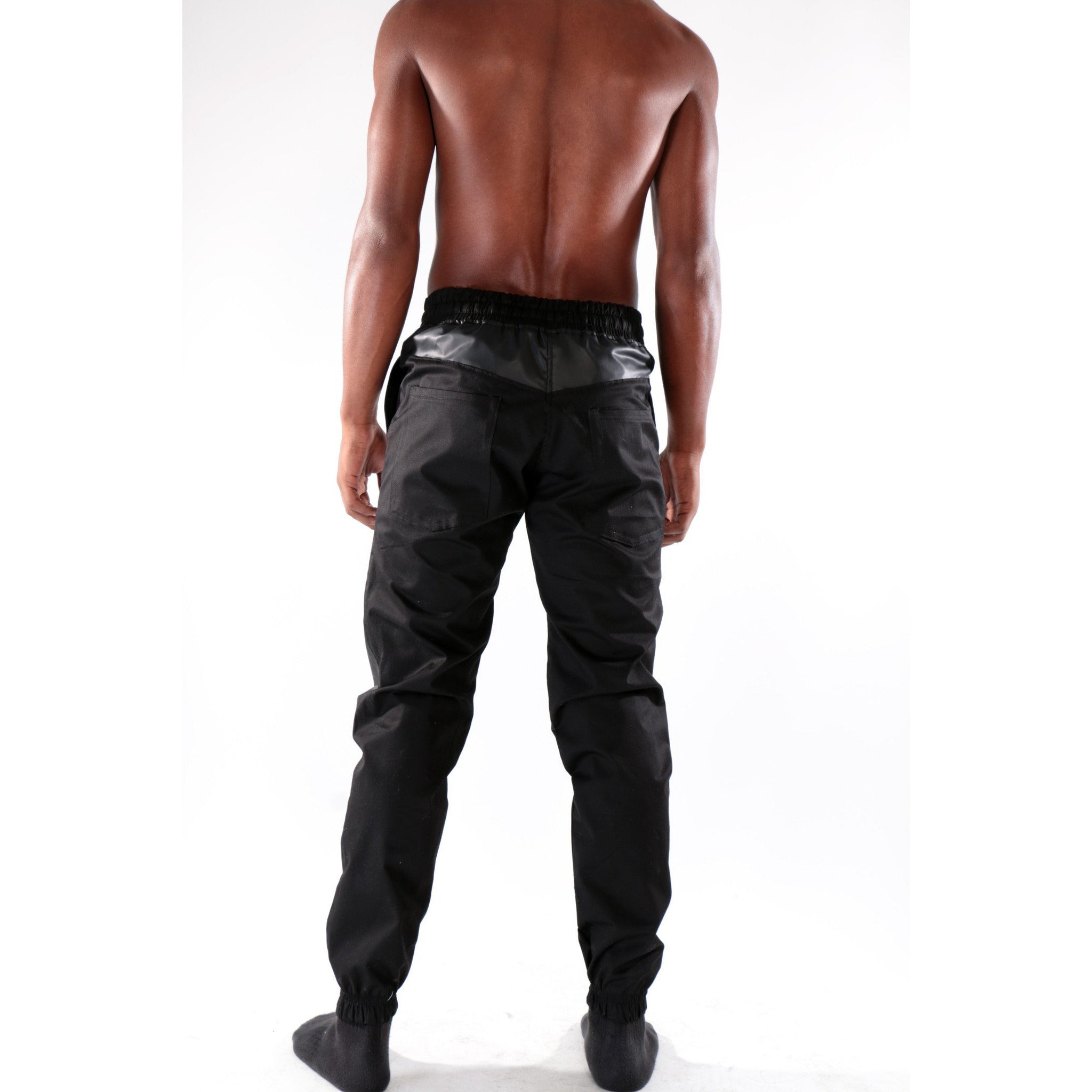 Black high waist fashion trouser with mixed leather