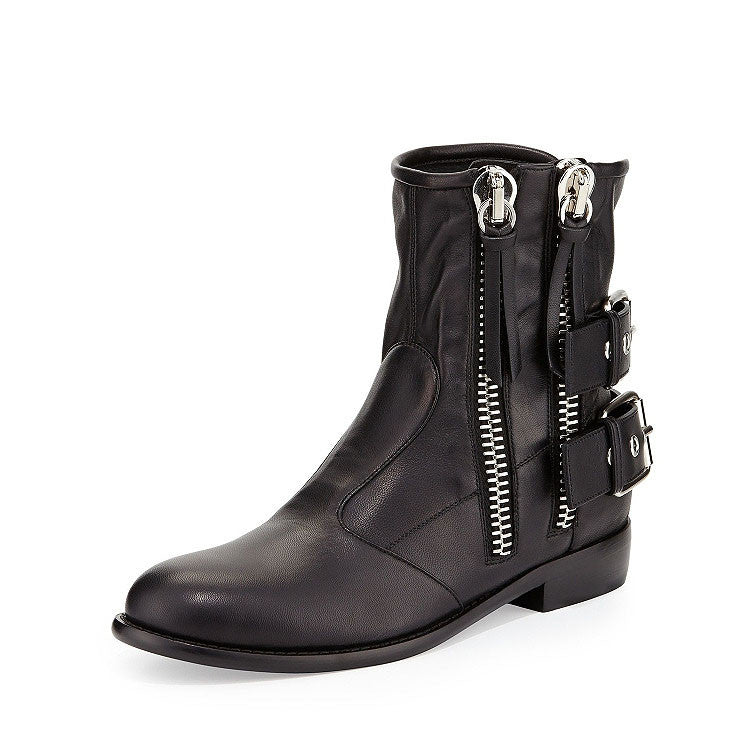 Black High top leather Boot with zippers and buckles
